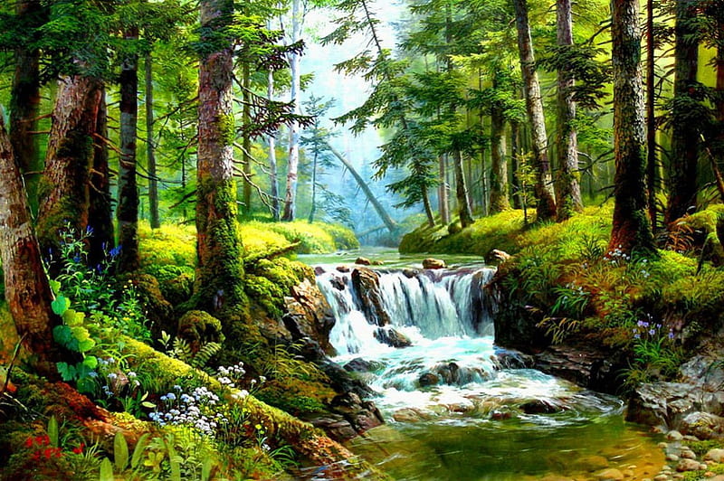 Forest stream, pretty, stream, art, lovely, woods, bonito, creek, trees, wildflowers, painting, summer, waterfall, nature, HD wallpaper