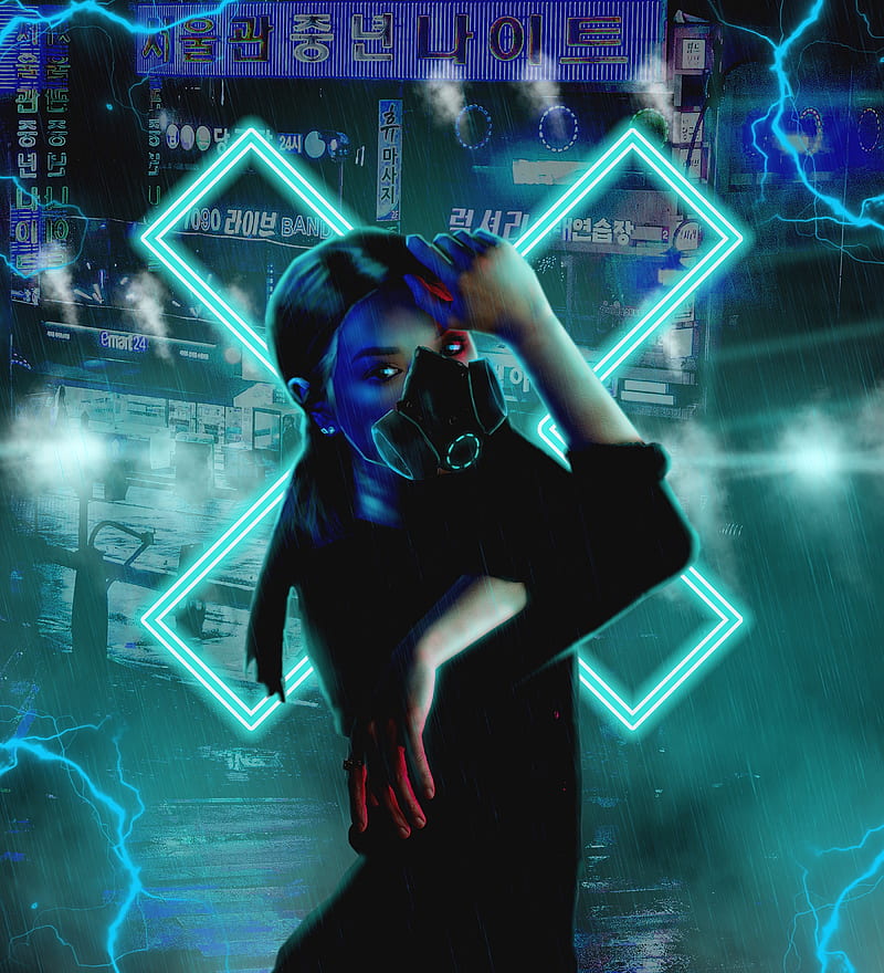 girl, respirator, cyberpunk, neon, hieroglyphs, HD phone wallpaper