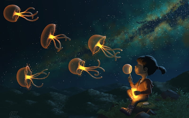 Jellyfish, fantasy, luminos, girl, summer, bubbles, yellow, blue, HD wallpaper