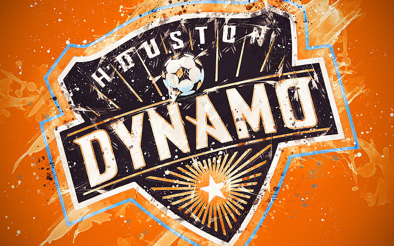 Houston Dynamo paint art, American soccer team, creative, logo, MLS, emblem, orange background, grunge style, Houston, Texas, USA, football, Major League Soccer, HD wallpaper
