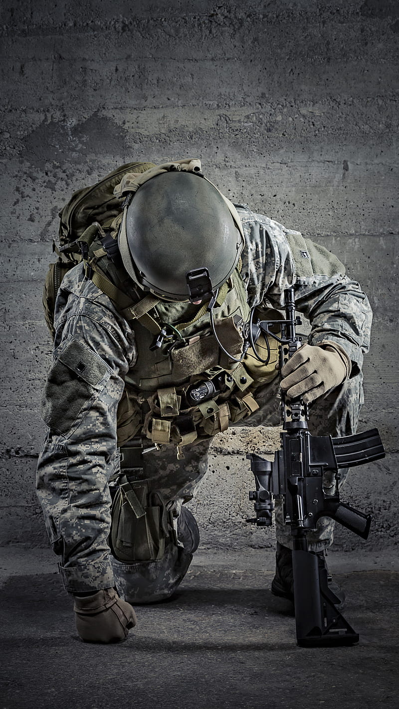 Soldier, gun, male, wall, HD phone wallpaper