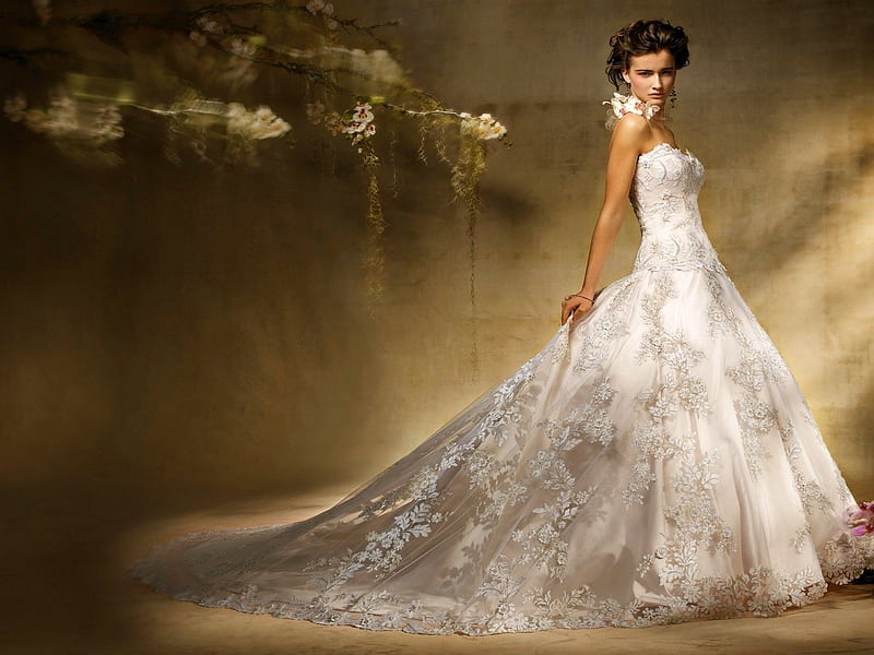 elegant, graphy, model, brunettepretty, gown, lace, marriage, wedding, HD wallpaper