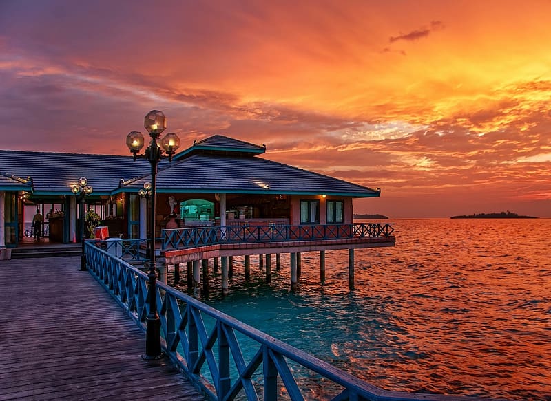 Sunset, Sea, Ocean, Dusk, Tropical, Maldives, Restaurant, HD wallpaper