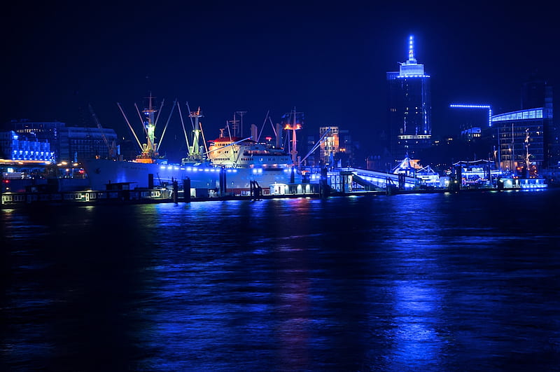 Hamburg Port at Night, water, germany, buildings, river, lights, HD wallpaper