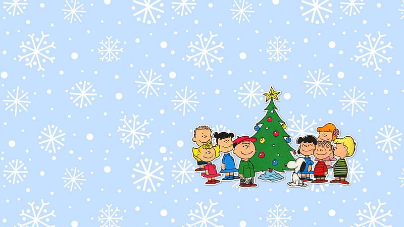 Snoopy With Friends And Christmas Tree In Snowflakes Background Snoopy Christmas, HD wallpaper