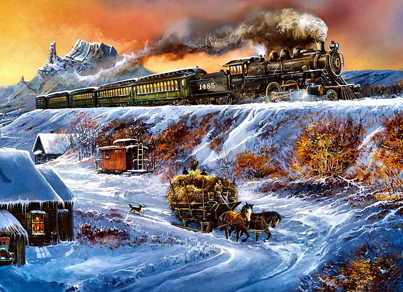 Coyote Special F1, railroad, art, locomotive, bonito, illustration, artwork, winter, train, snow, engine, painting, wide screen, tracks, HD wallpaper