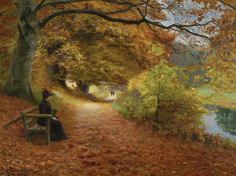 A wooded path in autumn, park, hans andersen brendekilde, woman, lake, autumn, toamna, bench, tree, painting, path, pictura, HD wallpaper