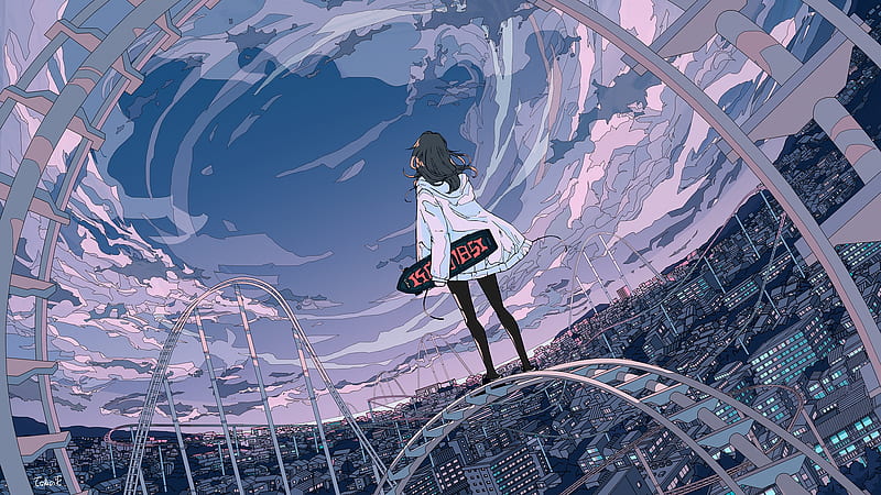 anime landscape, anime girl, polychromatic, cityscape, clouds, Anime, HD wallpaper