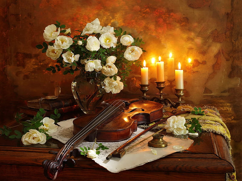 Still life, candle, pretty, violin, lovely, romantic, books, music, notes, vase, bonito, peonies, flame, bouquet, flowers, room, HD wallpaper