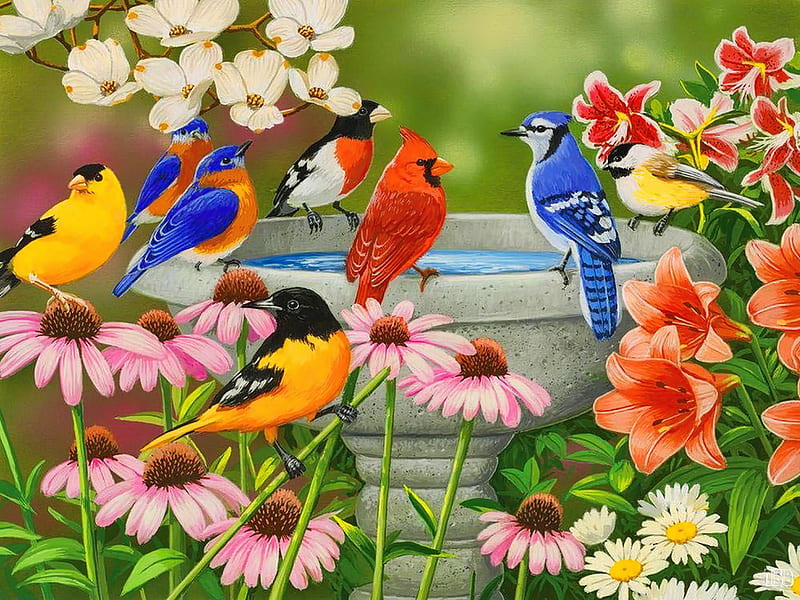 Songbirds birdbath, pretty, art, birdbath, songbirds, bonito, spring, cardinals, gathering, garden, flowers, friends, HD wallpaper