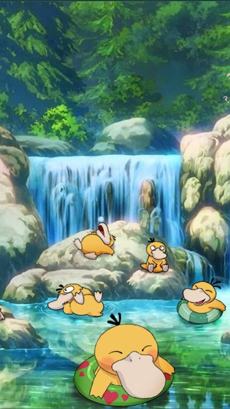 Pokemon syduck , swim, nature, anime, cartoon, waterfall, leaf, luxury, HD phone wallpaper