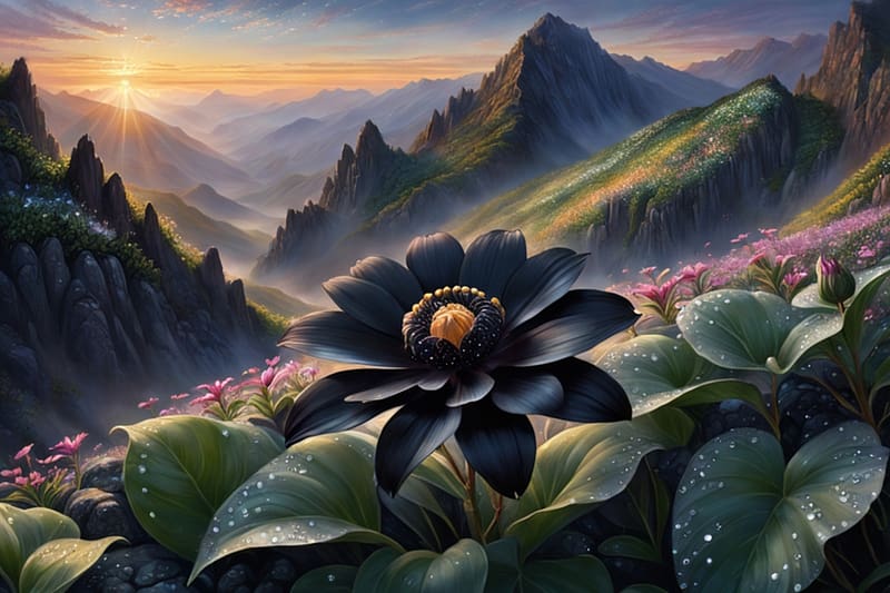 A valley with a flower-covered mountainscape at sunset, fekete szirmu virag, zold levelek, volgy, naplemente, viragos, taj, harmatcseppek, hegyi, hegyi szikla, HD wallpaper