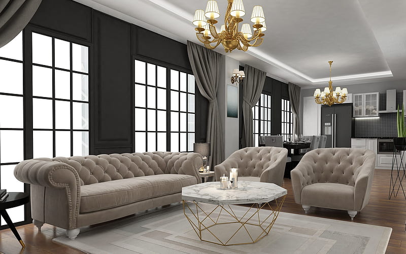stylish living room interior, gray living room, classic style, modern interior design, HD wallpaper