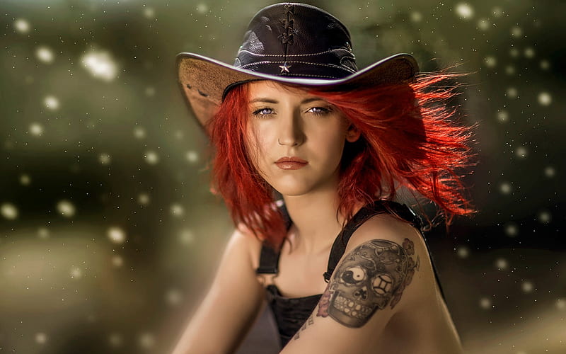 ~cowgirl~ Redhead Cowgirl Tattoo Red Hair Skull Hat Hd Wallpaper