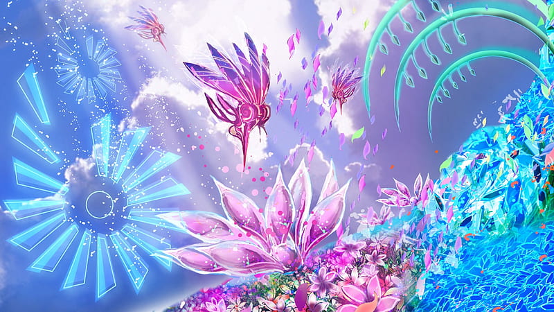 Landscape, child of eden, fantasy, flower, game, pink, blue, HD wallpaper