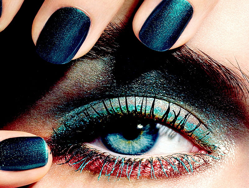 BEAUTIFUL MAKE UP, model, eye, lashes, nails, fingers, make up, brow, cornea, blue, HD wallpaper