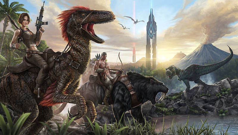 Warrior, Dinosaur, Video Game, Woman Warrior, Ark: Survival Evolved, HD wallpaper