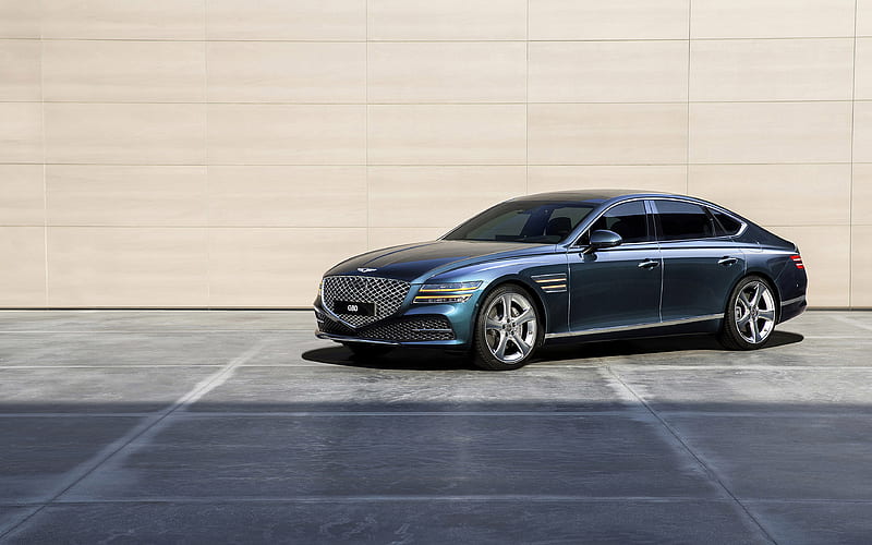 Genesis G80, 2021 front view, exterior, luxury sedan, new blue G80, Korean cars, Genesis, HD wallpaper