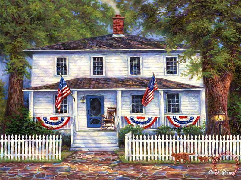 American Home, fence, house, flags, painting, trees, HD wallpaper