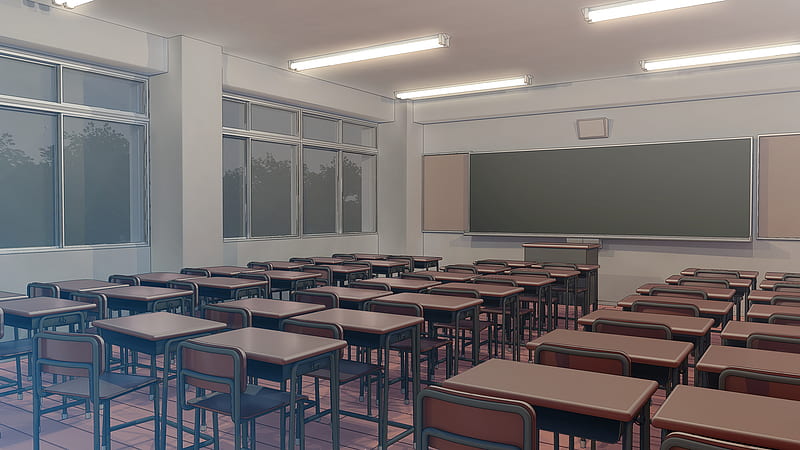 Anime classroom, sunset, windows, chair and desks, trees, Anime, HD  wallpaper