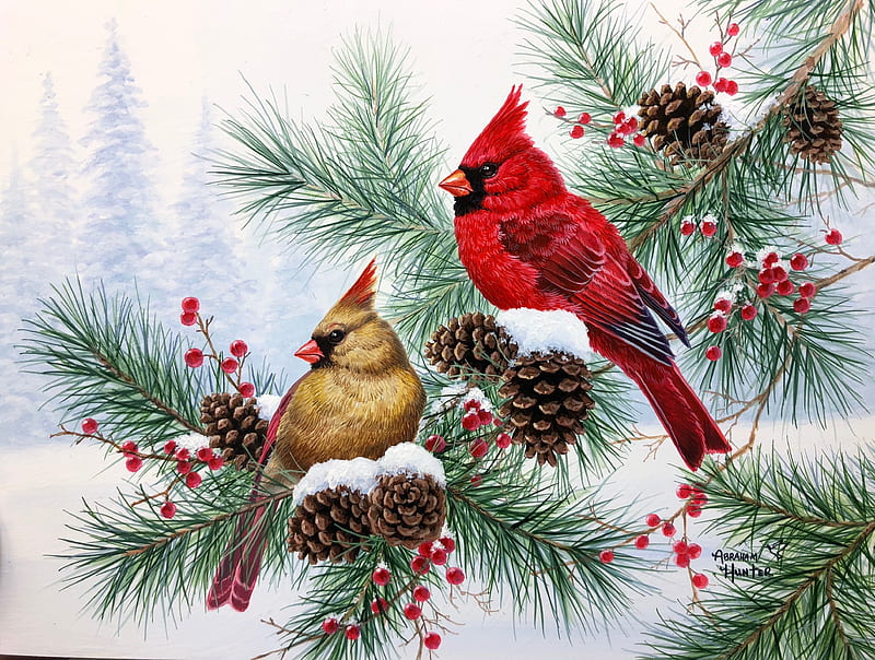 Cardinals, bird, pasari, abraham hunter, red cardinal, iarna, winter, art, red, painting, pictura, HD wallpaper