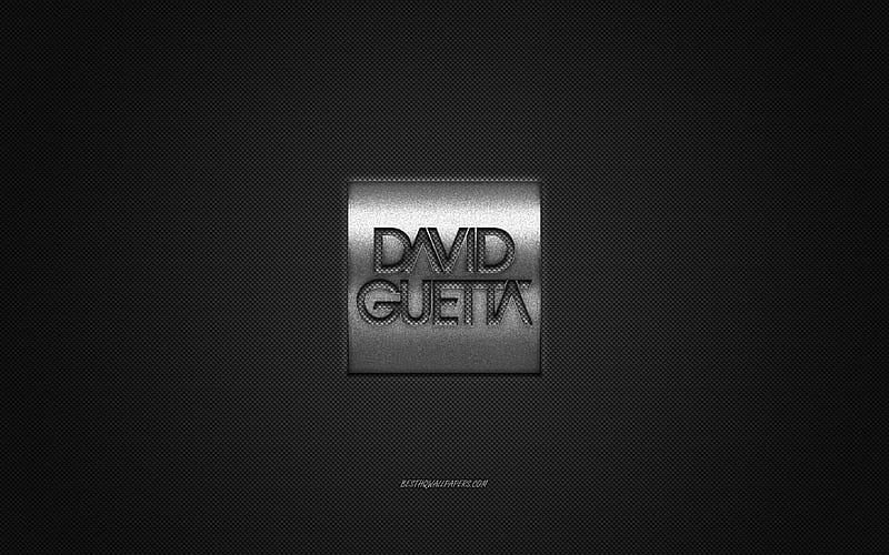 David Guetta logo, silver shiny logo, David Guetta metal emblem, French DJ, David Pierre Guetta, gray carbon fiber texture, David Guetta, brands, creative art, HD wallpaper