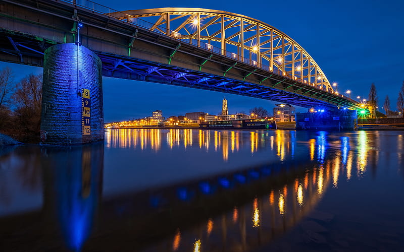 John Frost Bridge, Arnhem, Lower Rhine, evening, sunset, Arnhem cityscape, Netherlands, HD wallpaper