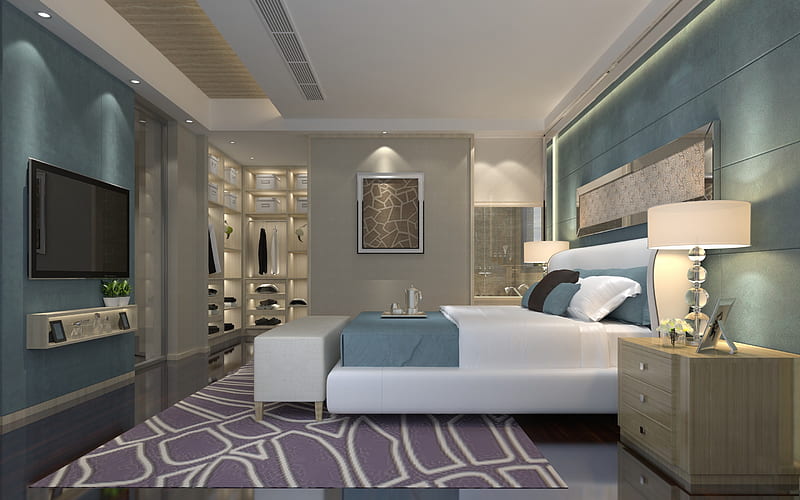 modern stylish bedroom, luxurious design, bedroom in blue tones, modern interior design, HD wallpaper