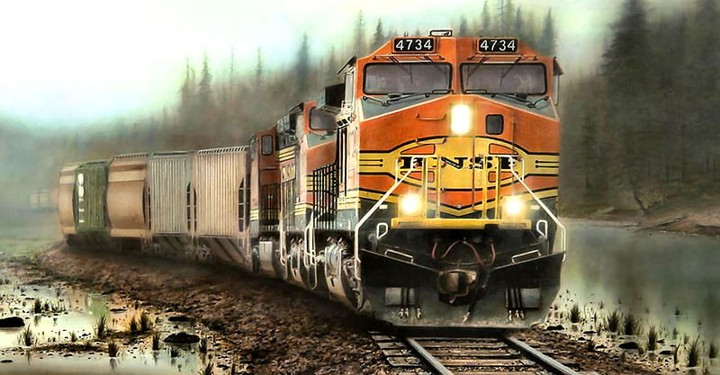 Giants in the Mist railroad, locomotive, BNSF, bonito, graphy, train, engine, wide screen, tracks, HD wallpaper
