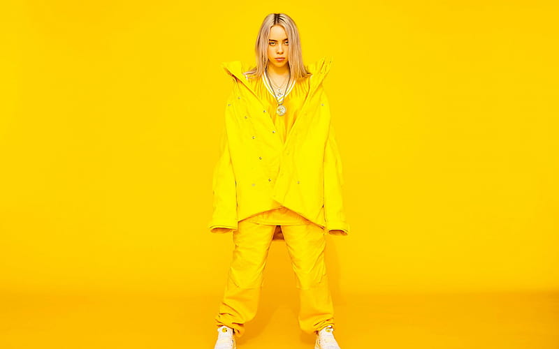 Billie Eilish, American singer, hoot, young singer, yellow background, yellow costume, HD wallpaper