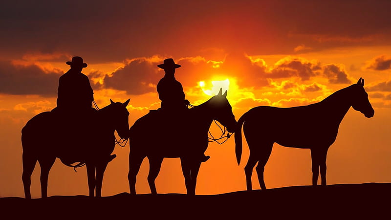 Cowboy at Sunrise, Bridle, Orange, Plains, Sunrise, Sun Arising, Horses, Cowboys, Hats, Silhouette, HD wallpaper