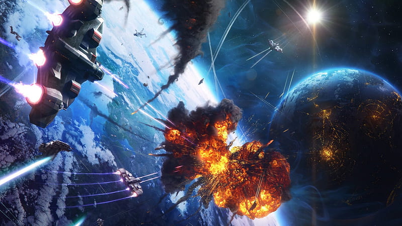 Rawkets, ships, stars, planets, 3D, space, planet side, explosions, HD wallpaper
