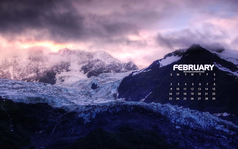 2020 February Calendar, winter landscape, mountain landscape, glacier, 2020 winter calendars, February 2020 Calendar, HD wallpaper