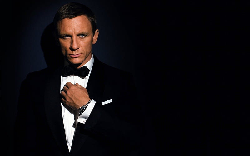 Daniel Craig, movie, costume, black, clock, james bond, man, bow, blue eyes, white, actor, HD wallpaper