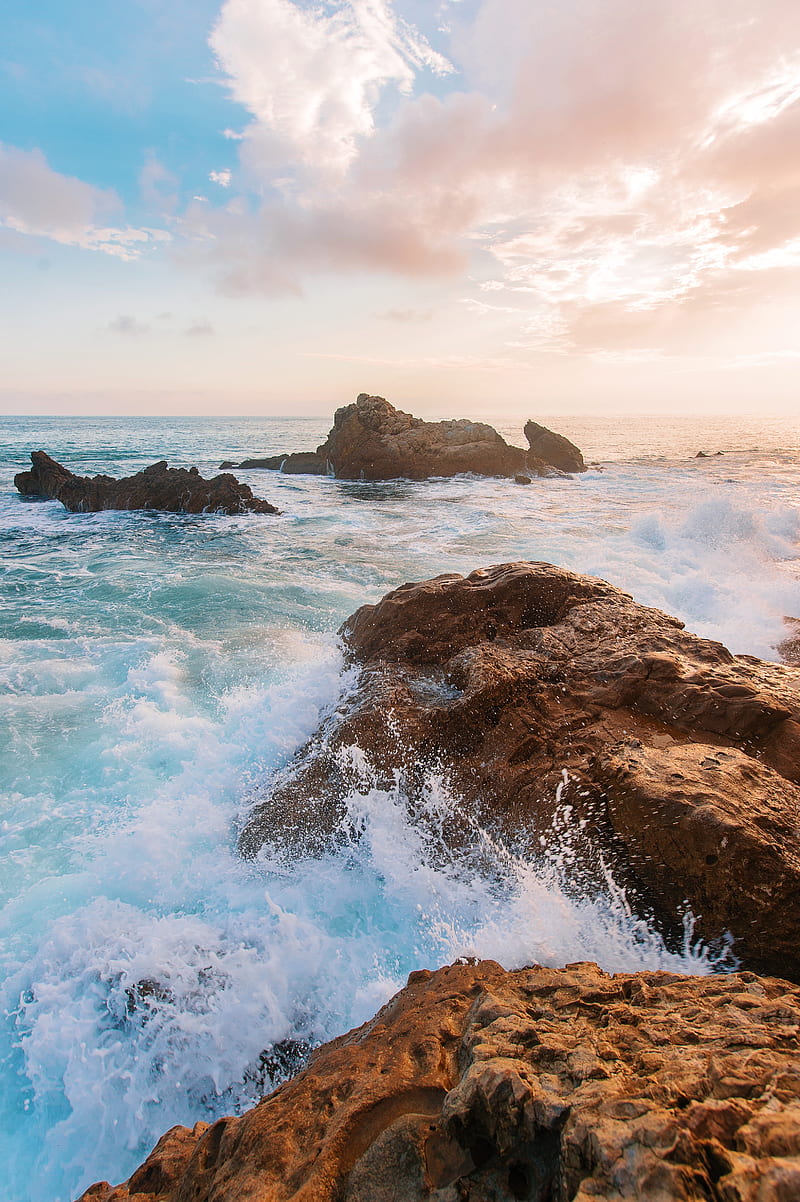 sea, rocks, waves, water, coast, HD phone wallpaper