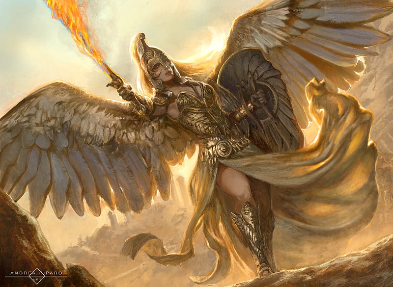 Angel, fantasy, wings, girl, golden, andrea piparo, art, luminos, yellow, armor, HD wallpaper