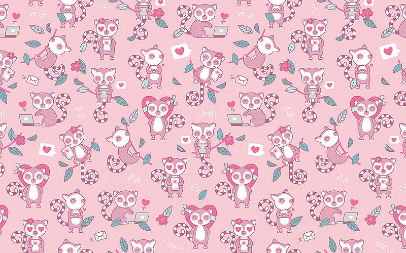 love retro texture, texture with lemurs, texture with hearts, love background, animal backgrounds, HD wallpaper