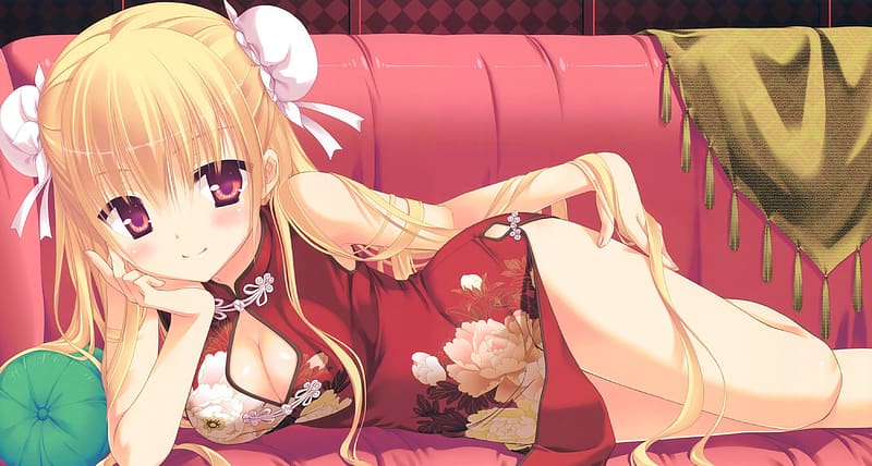 Anime, Smile, Blonde, Blush, Red Eyes, Long Hair, Aria The Scarlet Ammo, Couch, Chinese Dress, Riko Mine, HD wallpaper
