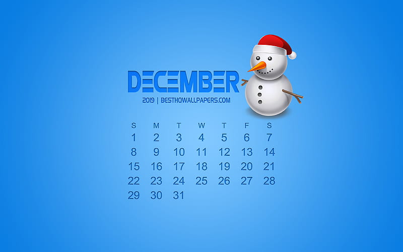 2019 December calendar, blue background, winter concept, 3d snowman, 2019 calendars, December, creative art, calendar for December 2019, concepts, HD wallpaper