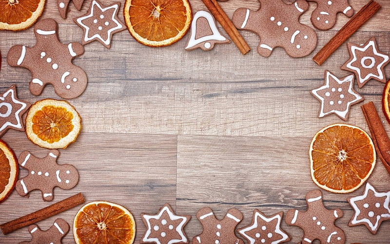 Christmas cookies, craciun, orange, christmas, food, sweet, dessert, card, cookie, slice, wood, HD wallpaper