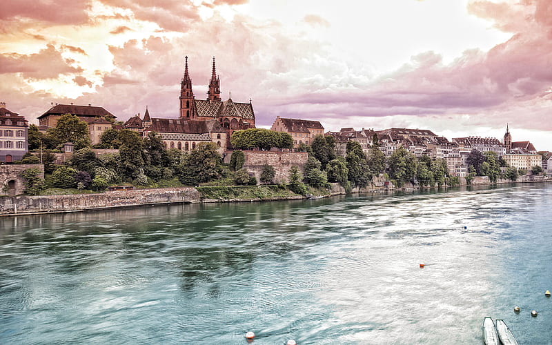 Basel, Rhine river, Basel Minster, landmark, Swiss city, evening, sunset, Basel cityscape, Switzerland, HD wallpaper