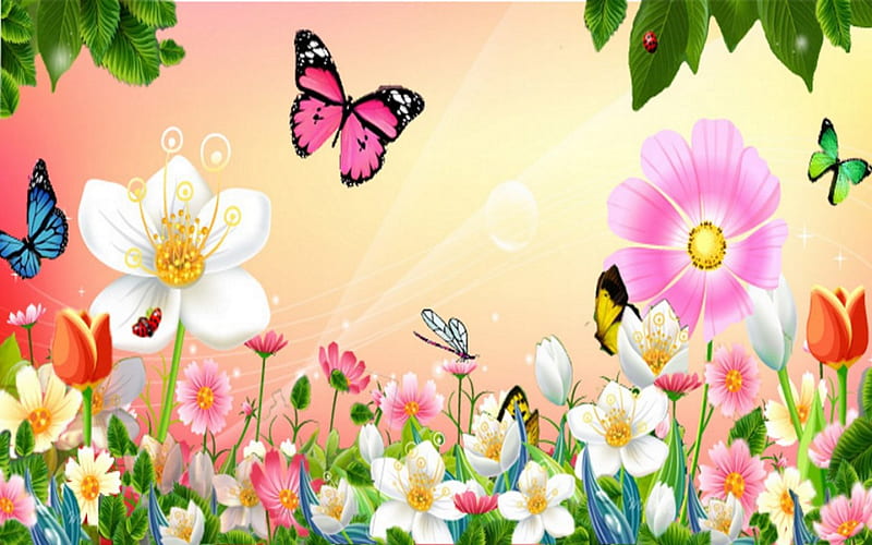 Spring Flowers, Pretty, Garden, Pink, Summer, Spring, Flowers, Nature, Butterfly, HD wallpaper