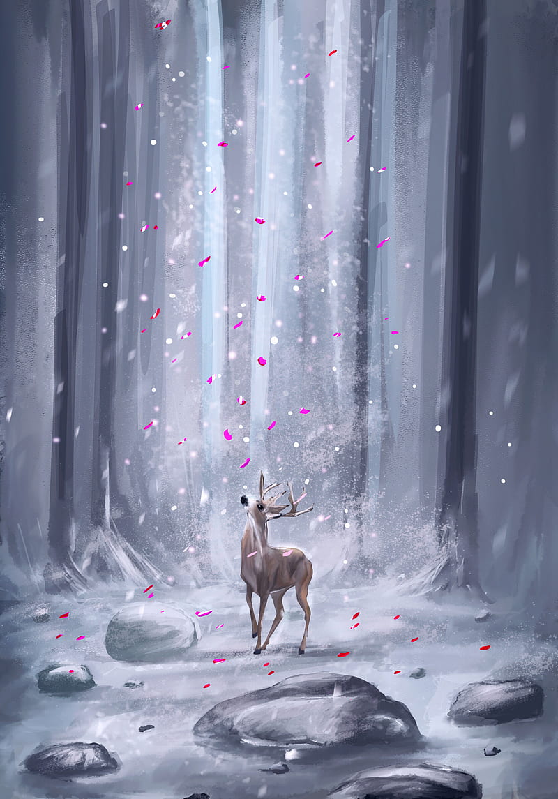 deer, forest, petals, snow, ar, HD phone wallpaper