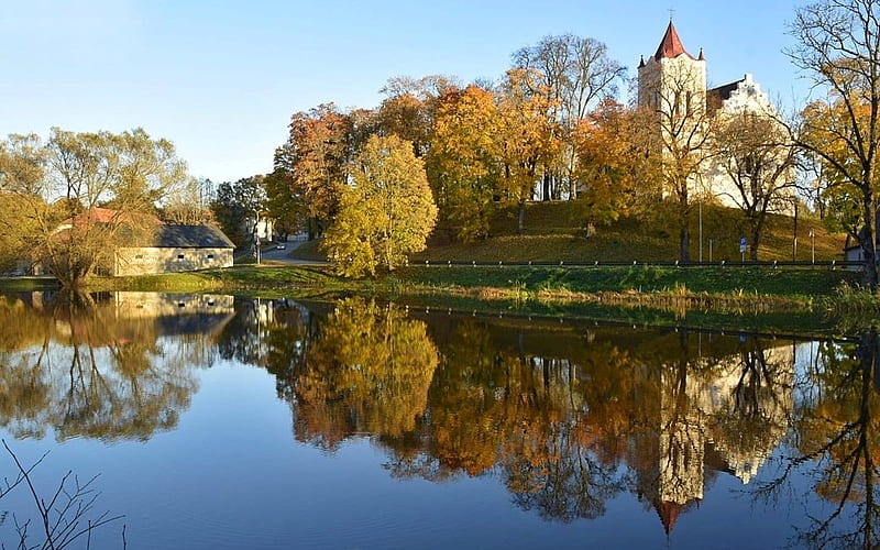 Church in Aizpute, Latvia, Latvia, trees, church, lake, autumn, HD wallpaper Church in Aizpute, Latvia, Latvia, trees, church, lake, autumn, HD wallpaper