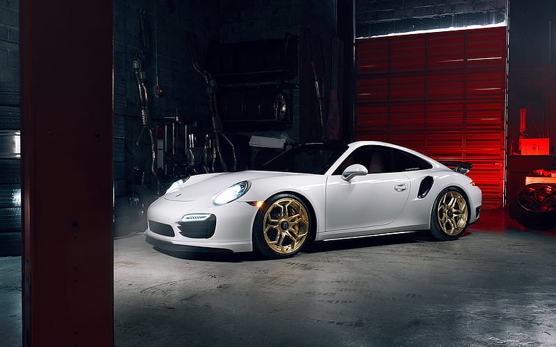 Porsche 911 Turbo S, 2016, supercars, garage, white porsche, HD wallpaper