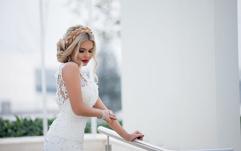 beautiful girl, white dress, bride, blonde, makeup, wedding dress, HD wallpaper