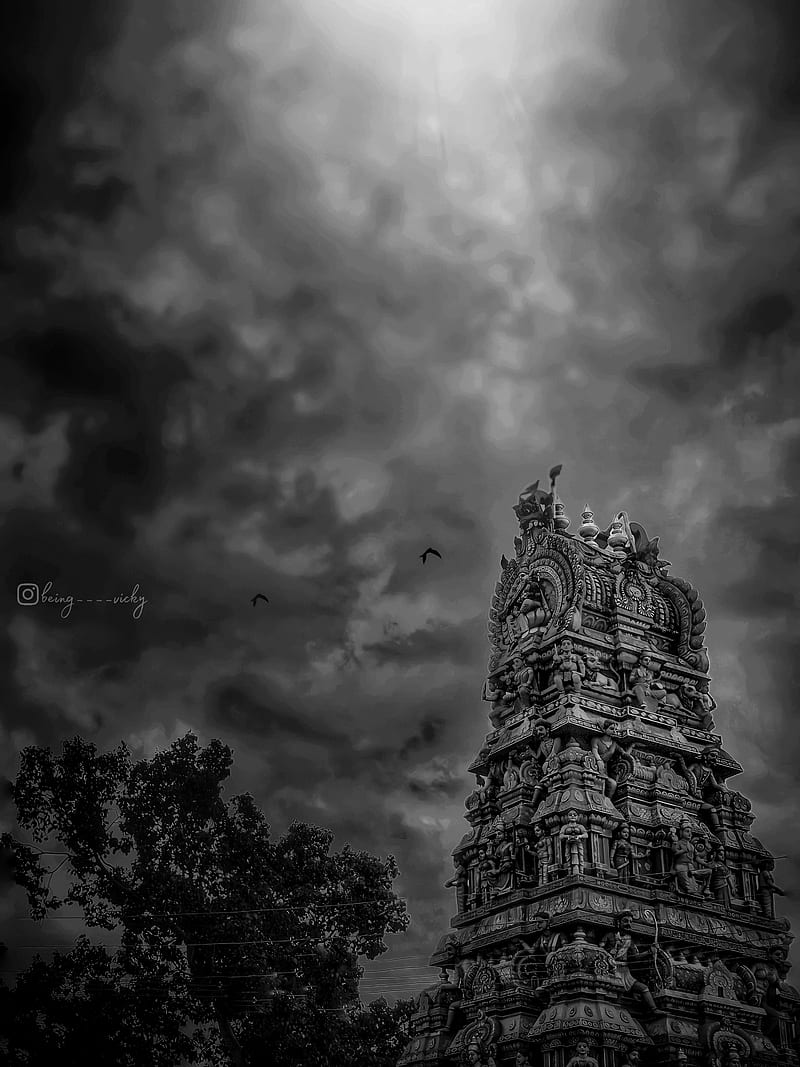 temple tower, cloud, sky, blackandwhite, templetower, HD phone wallpaper