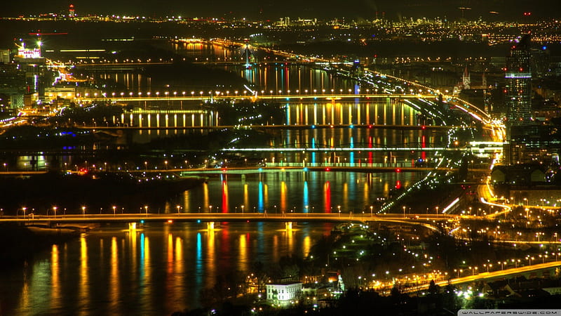 light at bridges on the danube in vienna, city, bridges, river, lights, night, HD wallpaper