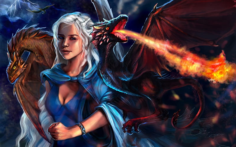 Daenerys Targaryen, art, wings, game of thrones, queen, woman, dragon, fire, fantasy, girl, song of ice and fire, painting, princess, blue, HD wallpaper