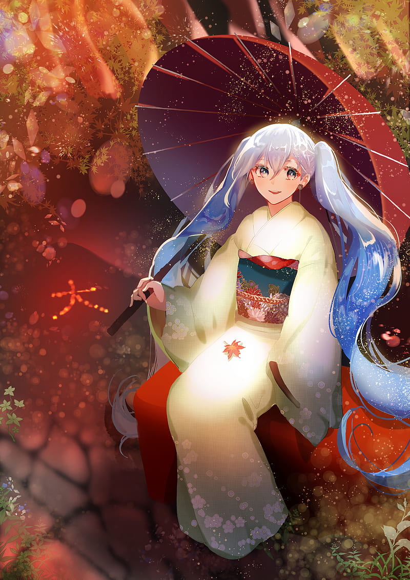 hatsune miku, umbrella, kimono, vocaloid, autumn, twintails, smiling, Anime, HD phone wallpaper